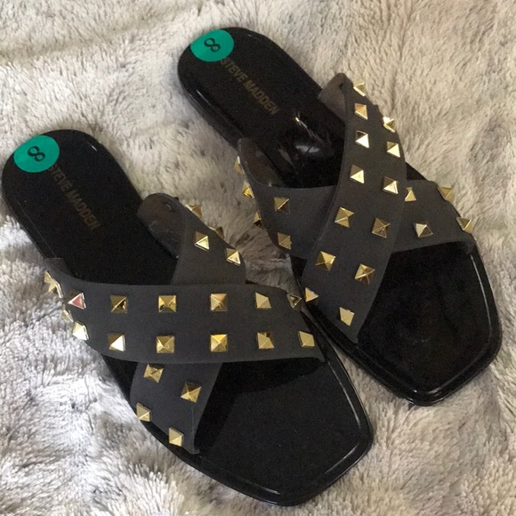black & Gold pyramid spike cross strap sandals 8 sheer jelly Steve Madden NEW - Picture 1 of 7